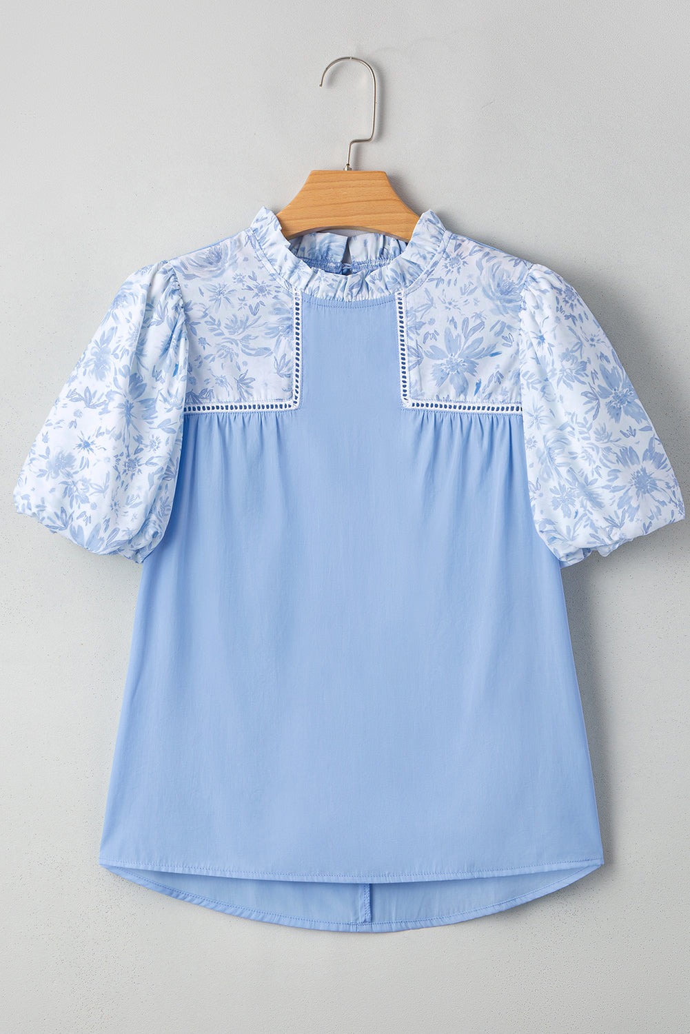 Beau Blue Lace Insert Floral Puff Sleeve