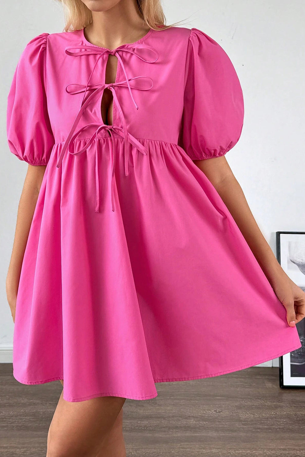 Bright Pink Puff Sleeve Tie Front Mini Dress