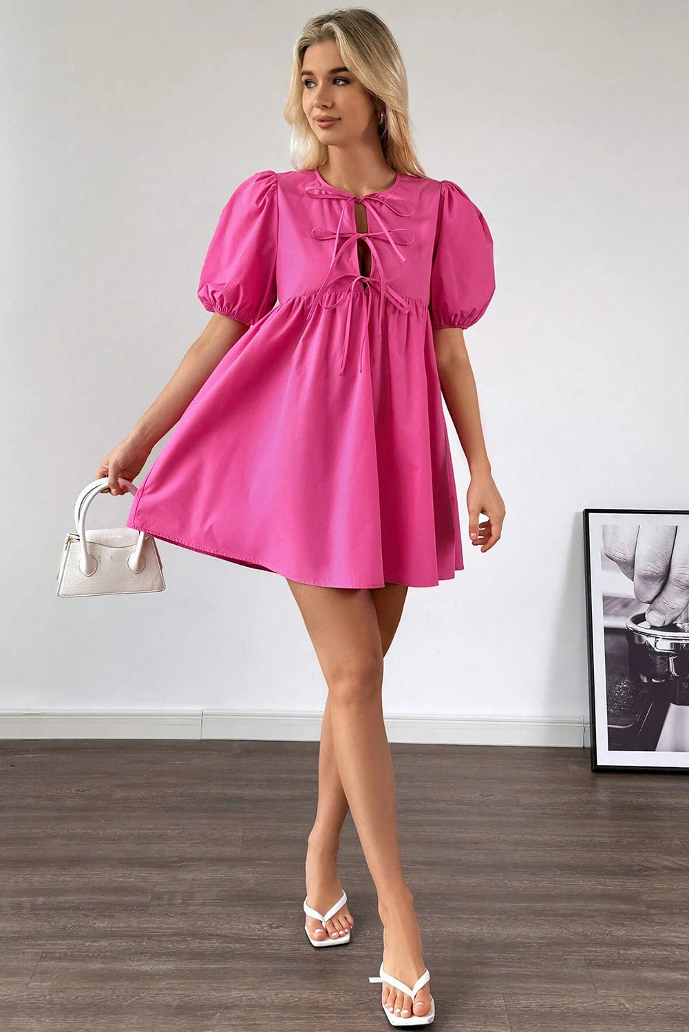 Bright Pink Puff Sleeve Tie Front Mini Dress