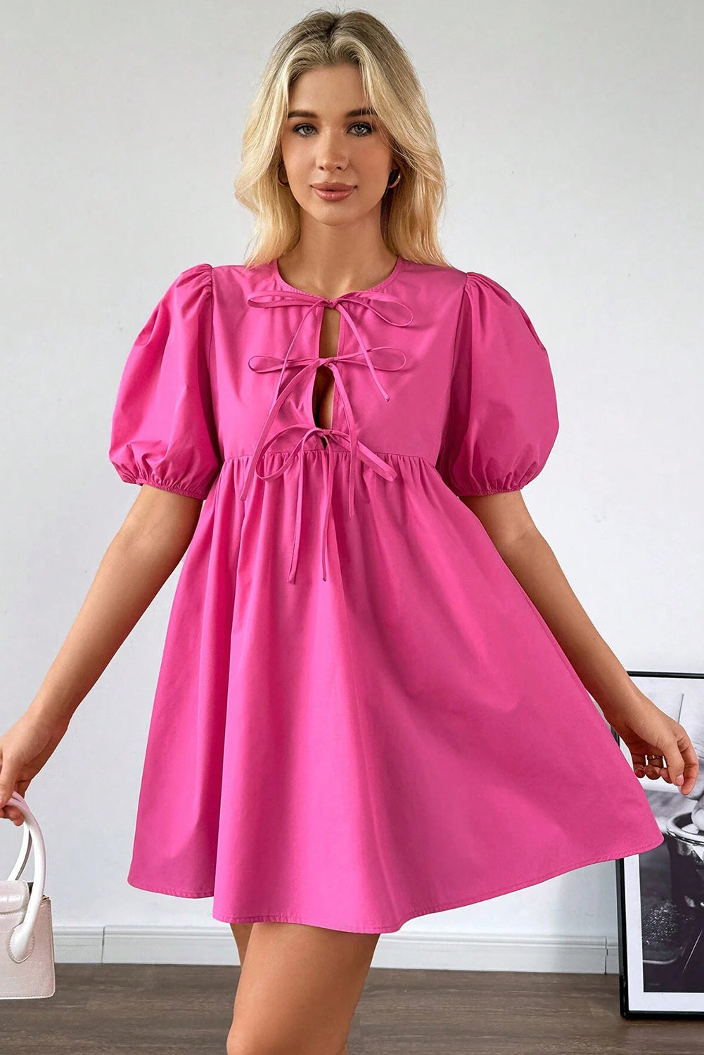 Bright Pink Puff Sleeve Tie Front Mini Dress