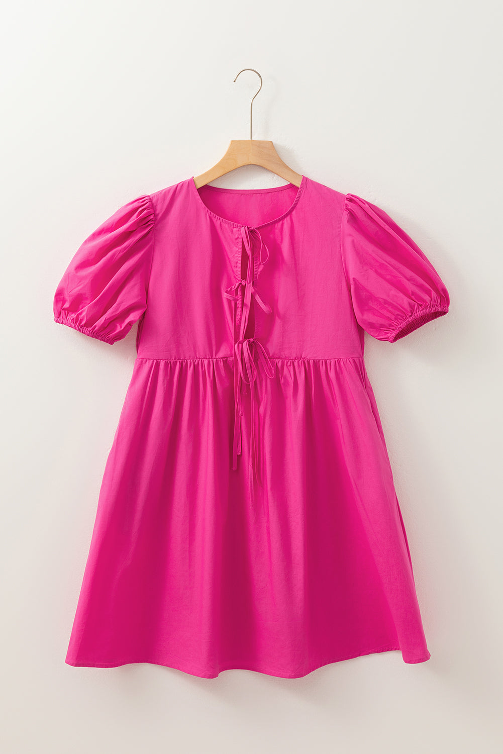 Bright Pink Puff Sleeve Tie Front Mini Dress
