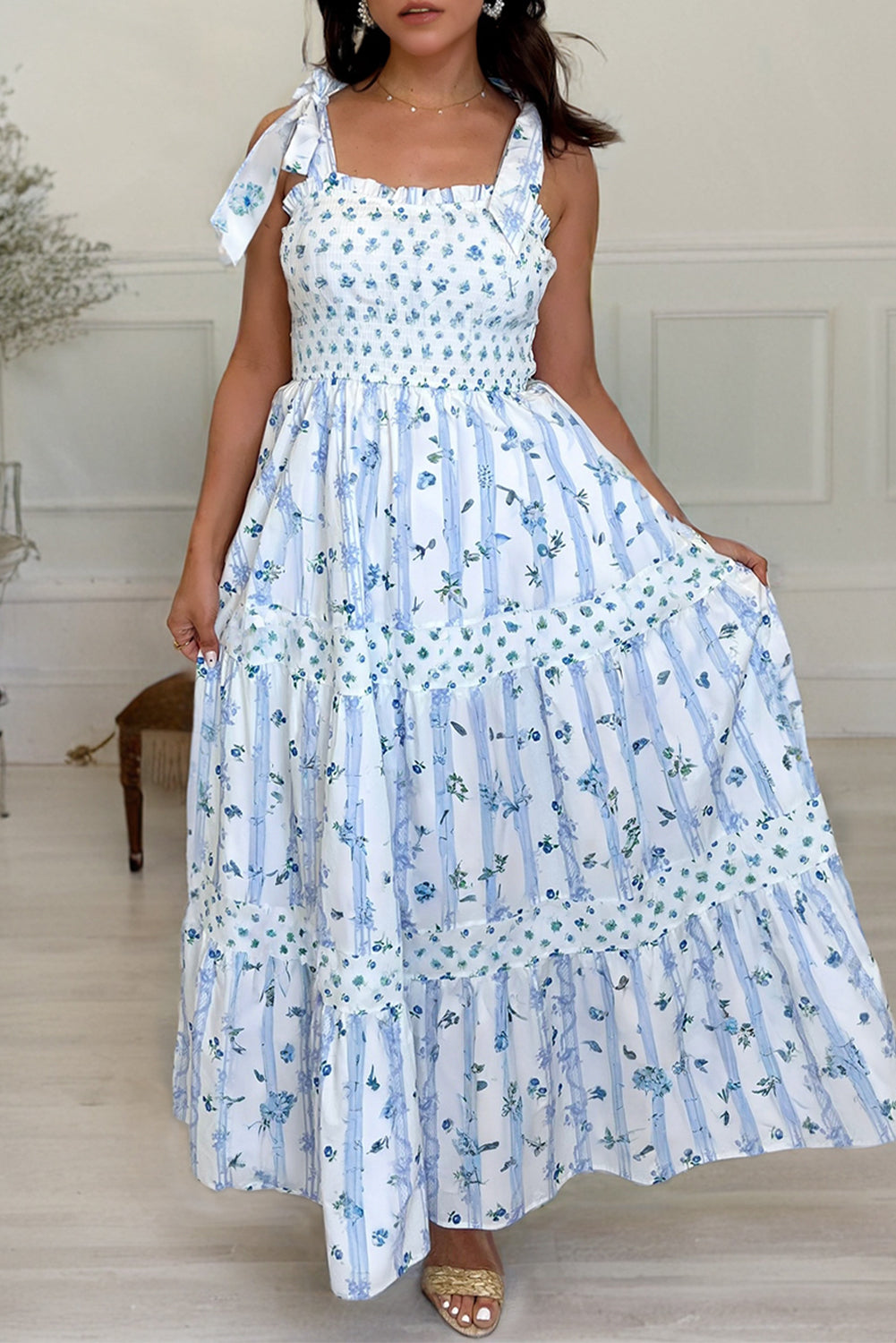 Sky Blue Floral Boho Maxi Dress