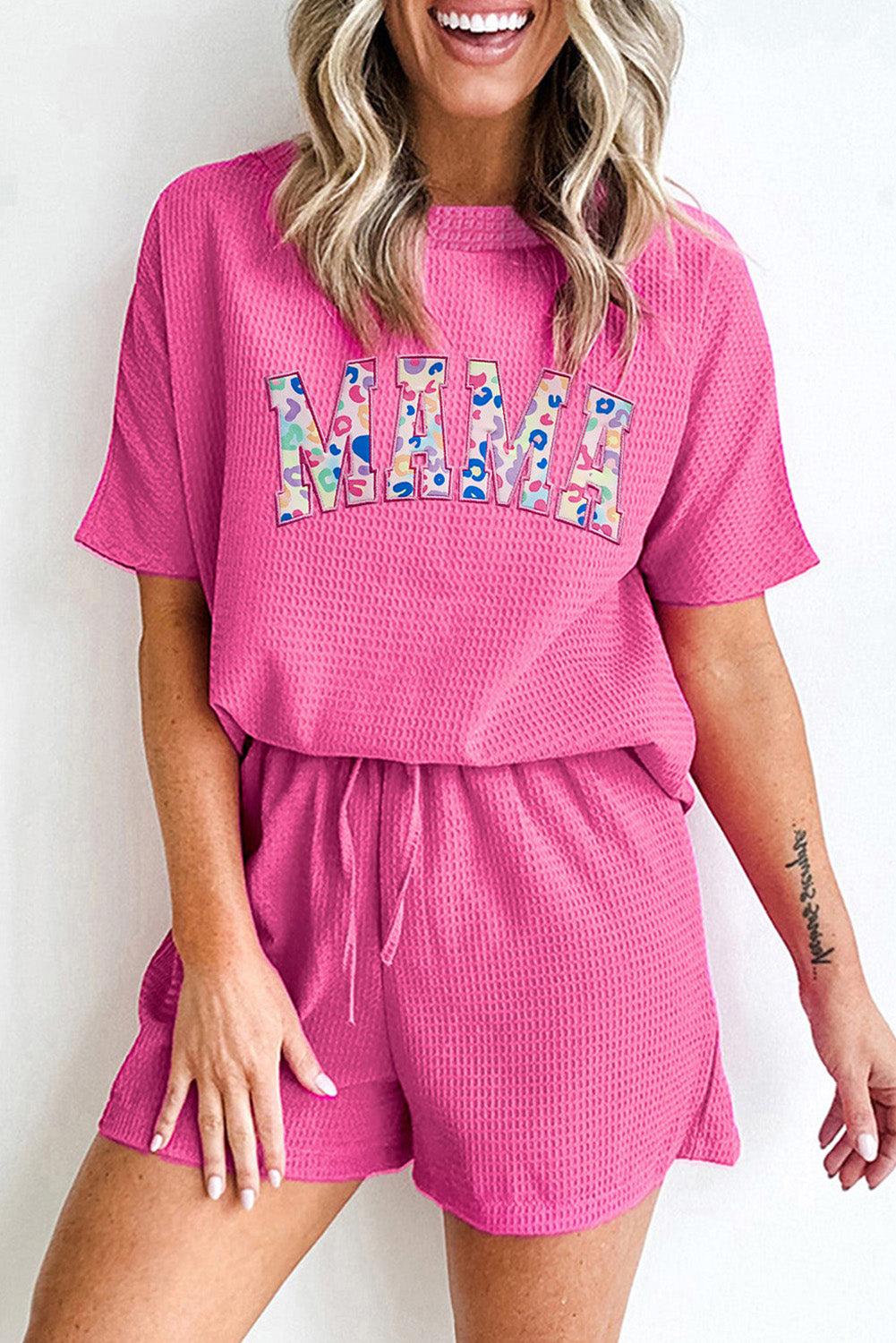 Rose MAMA Embroidered Leopard Letters Short Set