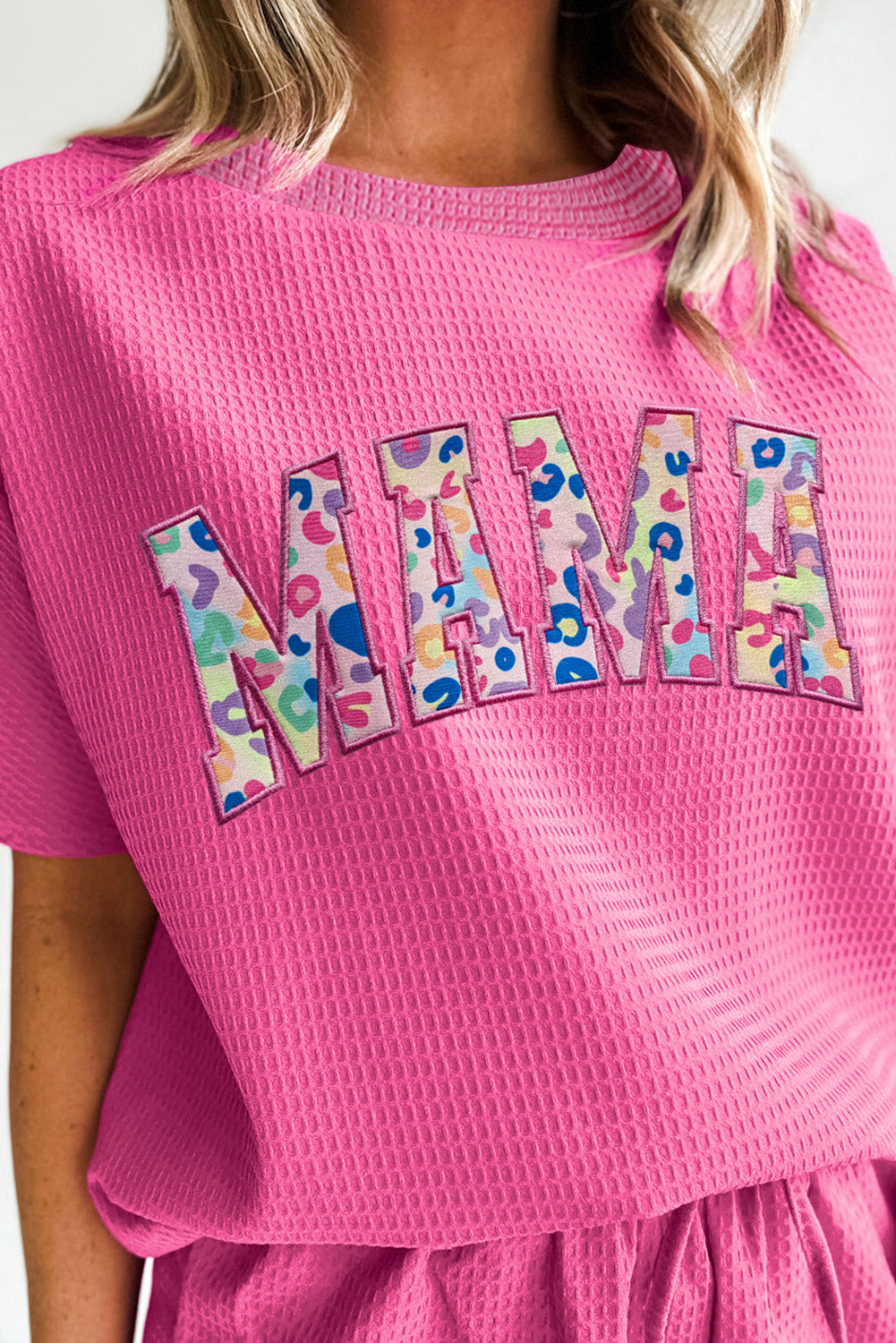 Rose MAMA Embroidered Leopard Letters Short Set