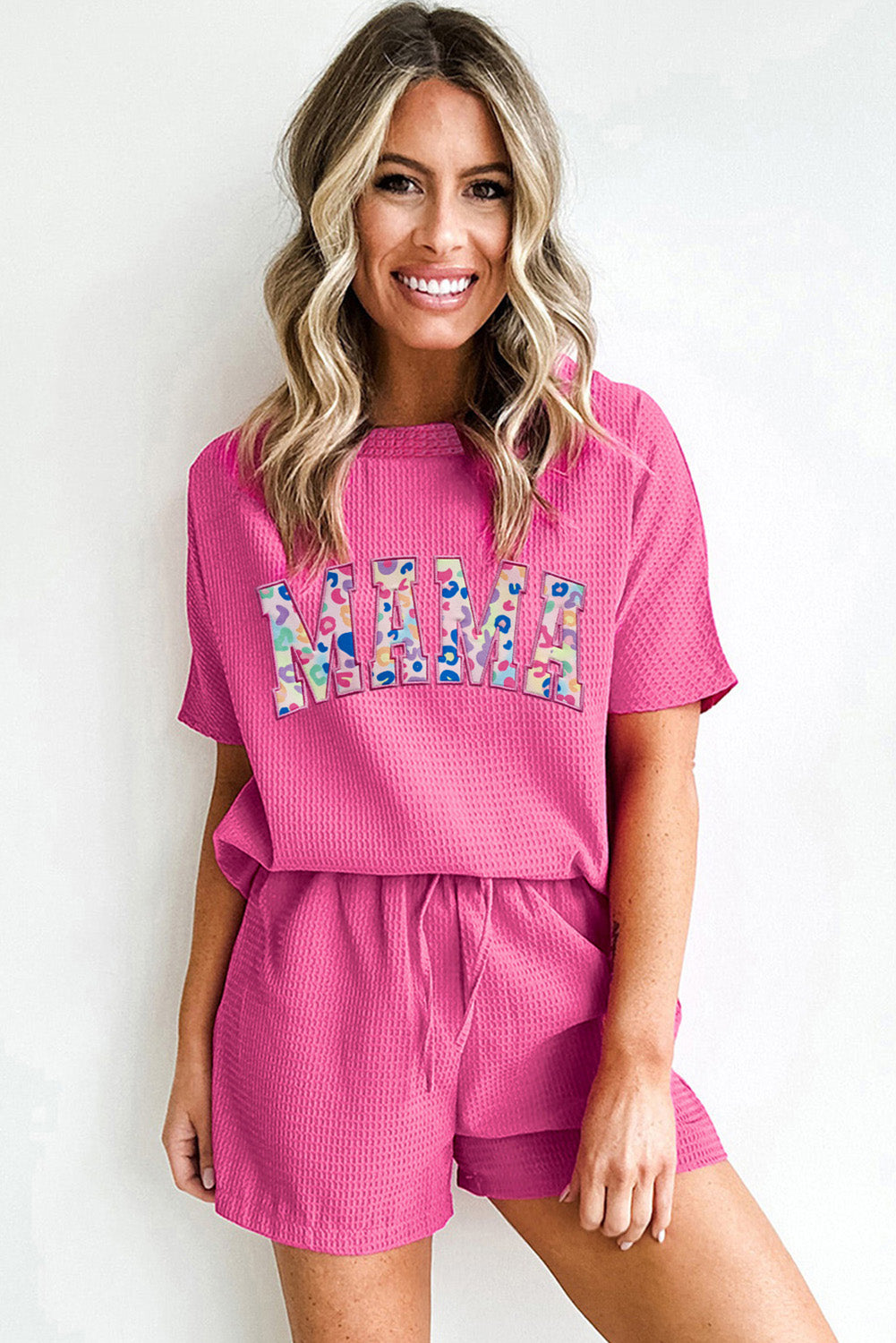 Rose MAMA Embroidered Leopard Letters Short Set