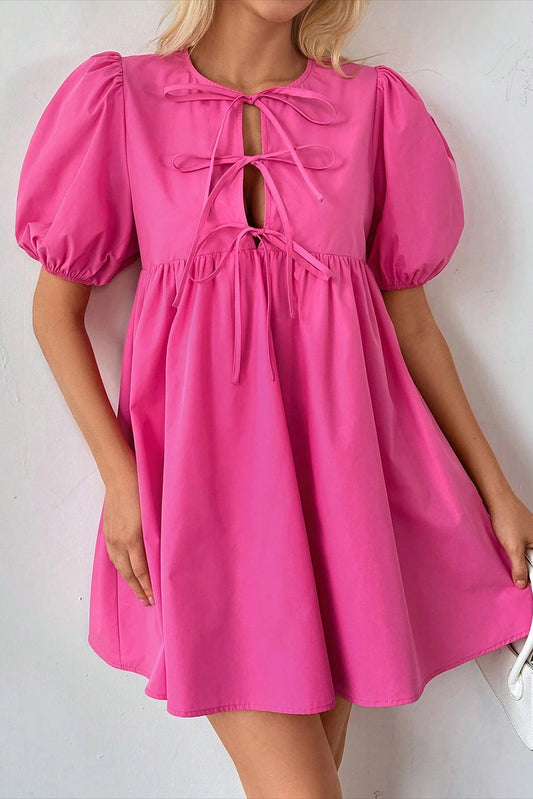 Bright Pink Puff Sleeve Tie Front Mini Dress