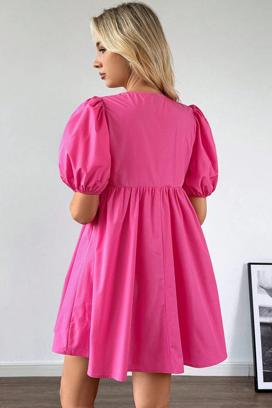 Bright Pink Puff Sleeve Tie Front Mini Dress