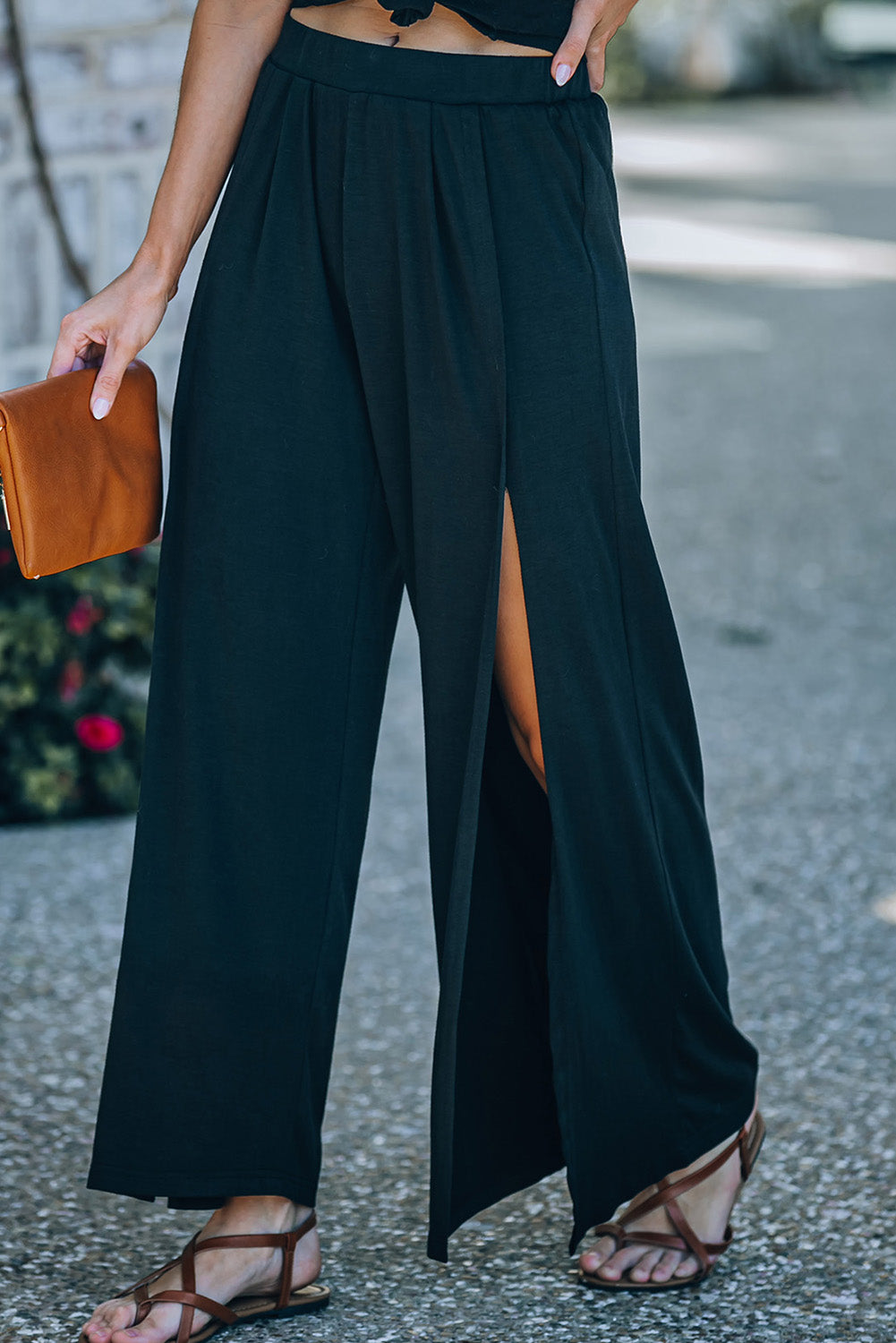 Tropical Slit Wide Leg Mid Waist Black Pants