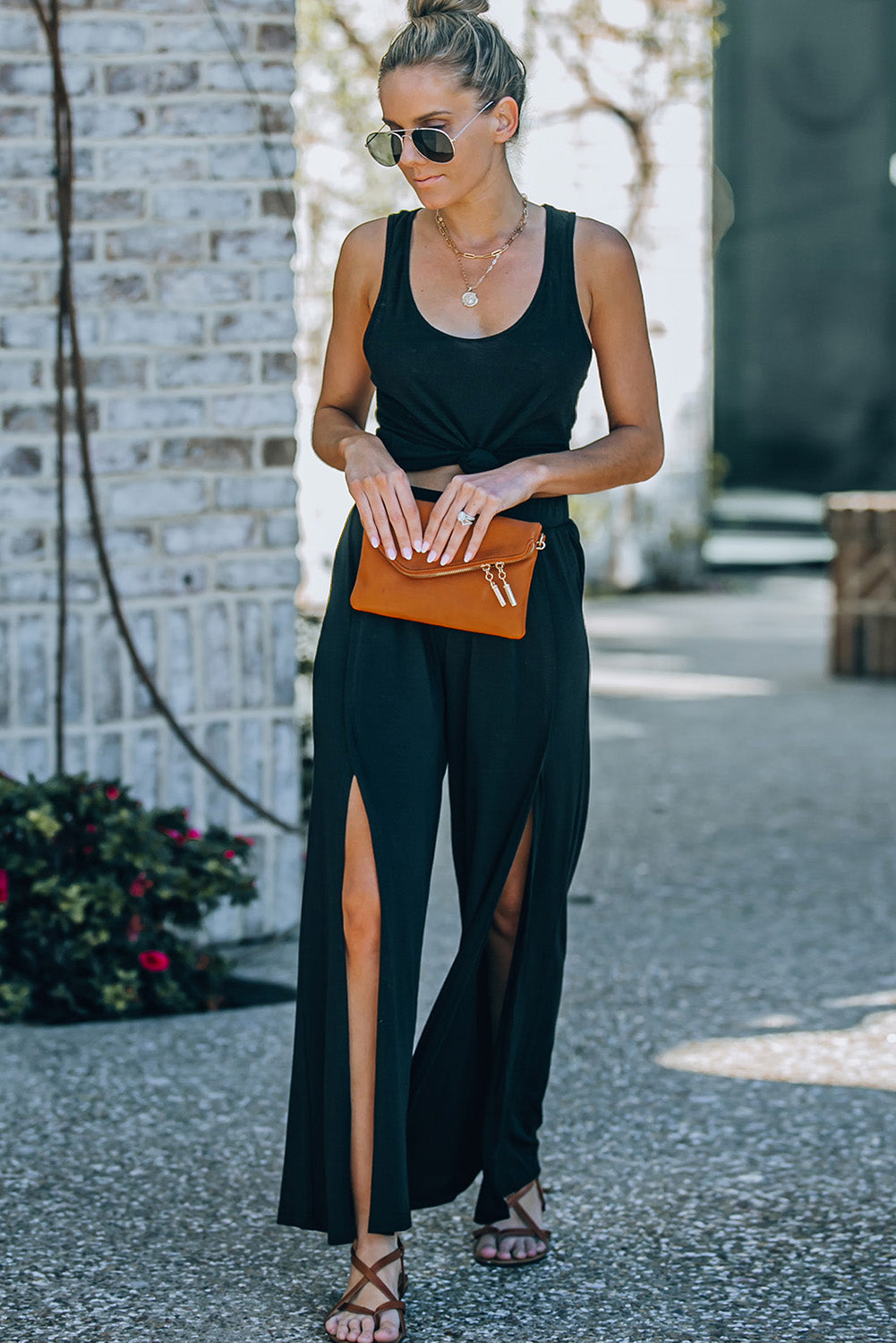 Tropical Slit Wide Leg Mid Waist Black Pants